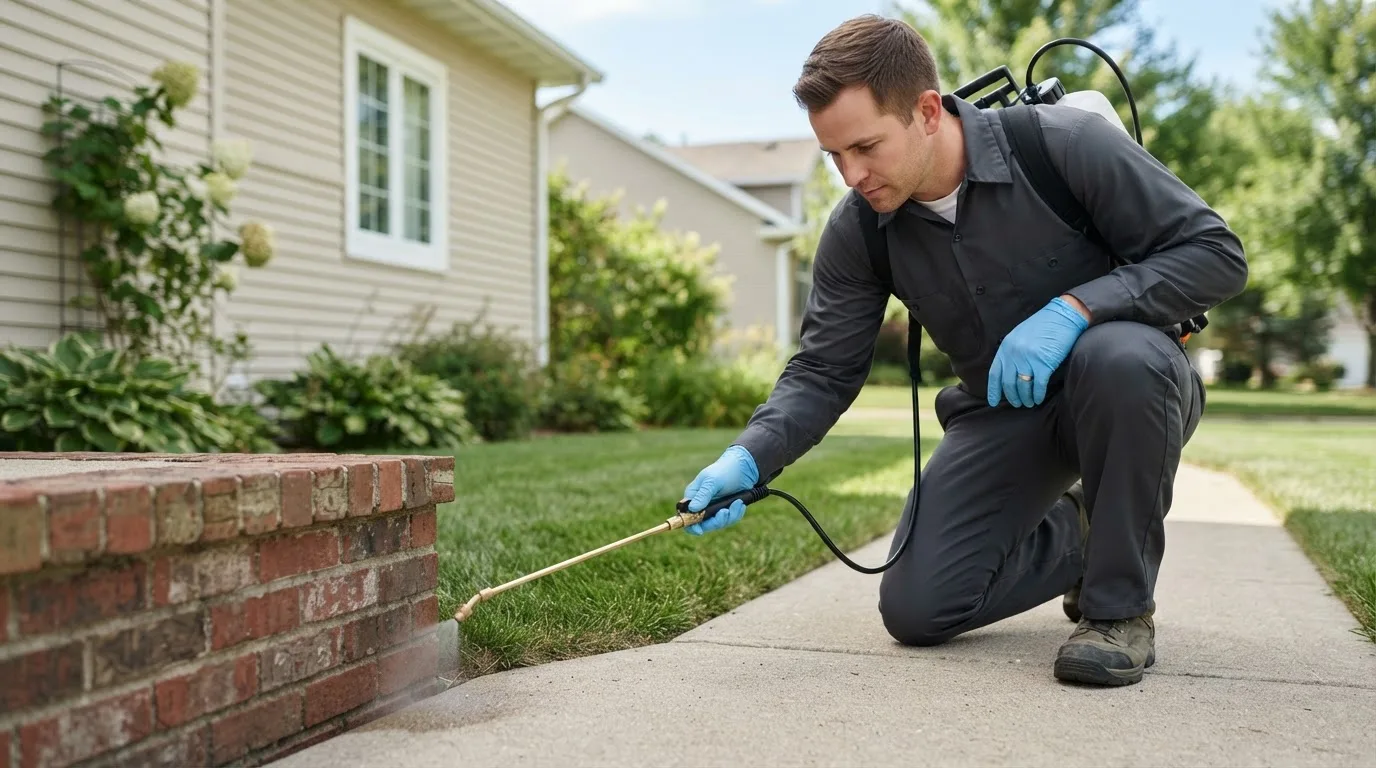Pest control technician treating a home near Cumming, GA